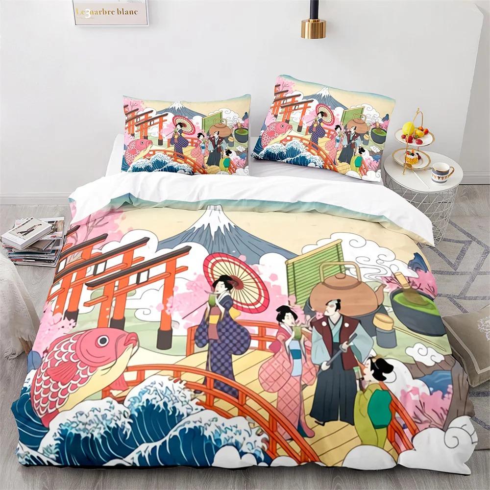 Ukiyo-Eduvet Cover Set Japanese Style Bedding Set Polyester Comforter King Queen Size Quilt Cover Set For Kids Boys Girls