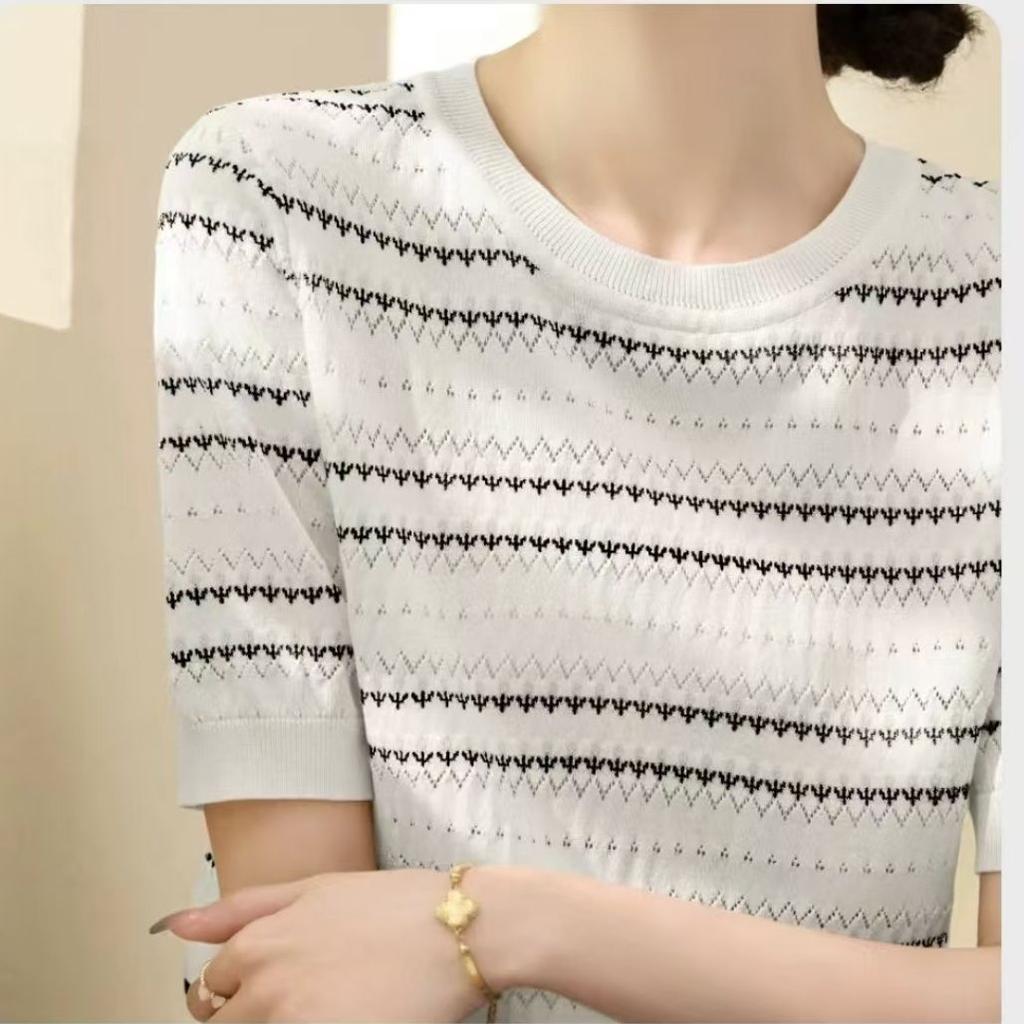 Полые полосатые Ice Silk короткие рукава трикотажная женская футболка летний новый универсальный круглый вырез горловины