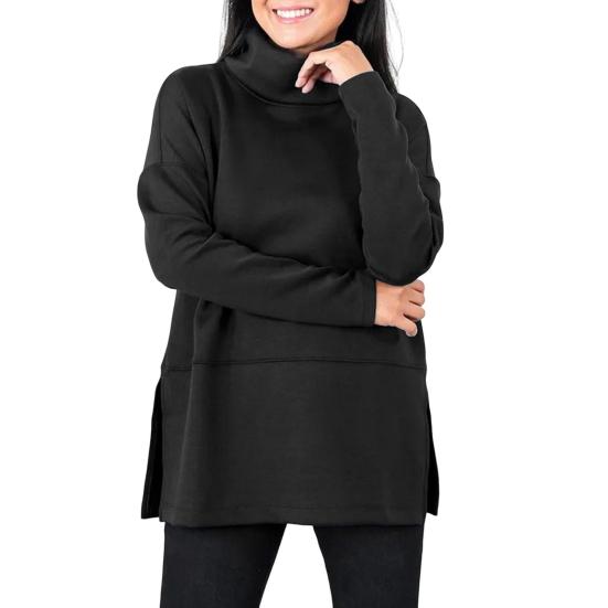 Женская толстовка с полувысоким воротником и разрезом по низу, однотонная плотная одежда больших размеров, длинный рукав, однотонный пуловер, сохраняющий тепло, повседневный топ