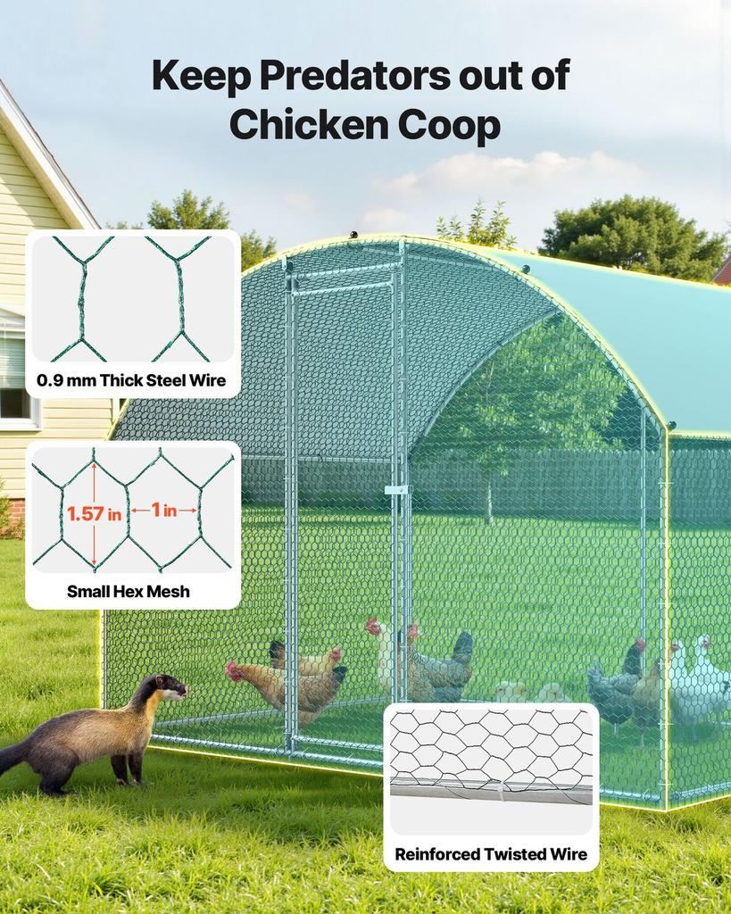 Metal Chicken Coop, 9.8x6.5x6.5ft Large Walk-in Chicken Runs with Cover, Doom Roof Hen House Enclosure with Security Lock, Outdoor Duck Rabbit Cage