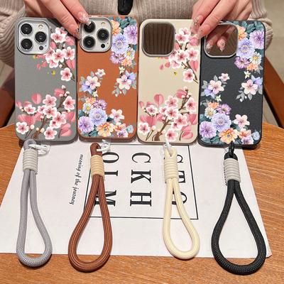 Тонкий матовый чехол для телефона с цветочным принтом для iPhone 16 Pro 15 Pro Max 14 13 12 11, мягкий ремешок, кожаная текстура, противоударный чехол-бампер из ТПУ