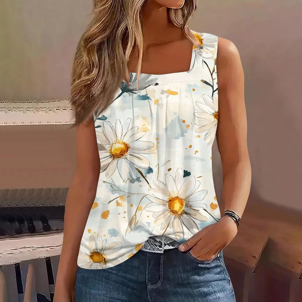 Женская плиссированная футболка без рукавов с квадратным вырезом и цветочным принтом