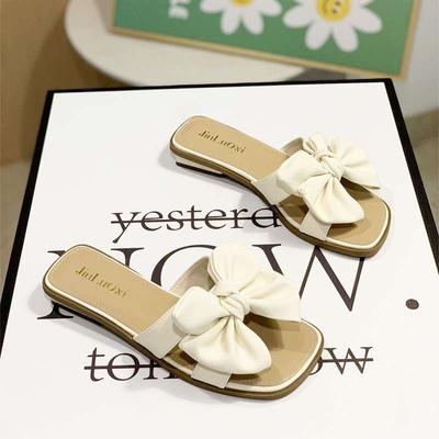 Женские летние шлепанцы с низким каблуком и бантом, однословные, на плоской подошве, с квадратным носком, 2025 новинка, пляжная обувь для моря