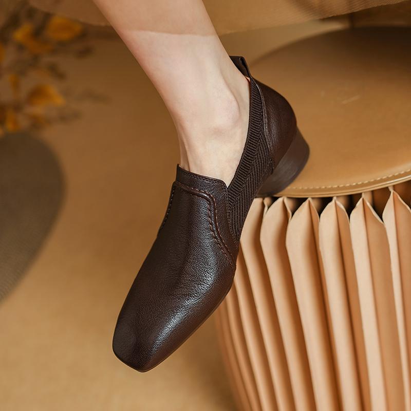 Мода 2025 Осень Новые Натуральная Кожа Мягкие Рабочие Туфли Женские Высокий Каблук Эластичные Квадратный Носок Слипоны Коричневый Хаки Британский Стиль Каблуки Женские
