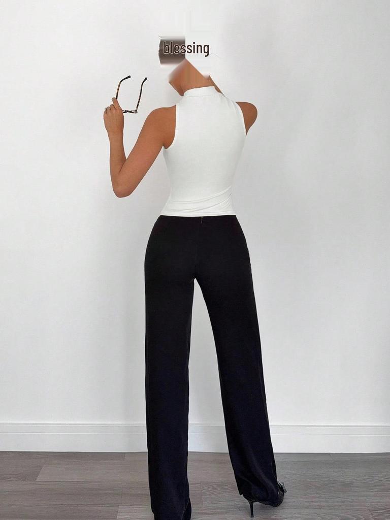 2025 Весна/Лето Женский Топ с высоким воротом, металлическим кольцом, без рукавов, с открытыми плечами, эластичный жилет