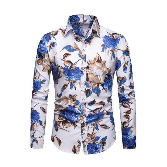 Men Spring Summer Shirt Turn-down Collar Single-breasted Slim Fit Long Sleeve Buttons Soft Breathable Vivid Flower Print Mid Length Men Top
