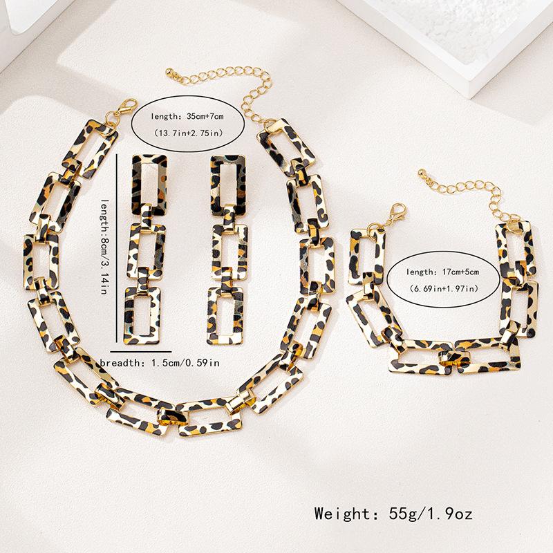 Personalized Retro Square Hollow Leopard Print Women's Necklace Earrings Bracelet Jewelry Set