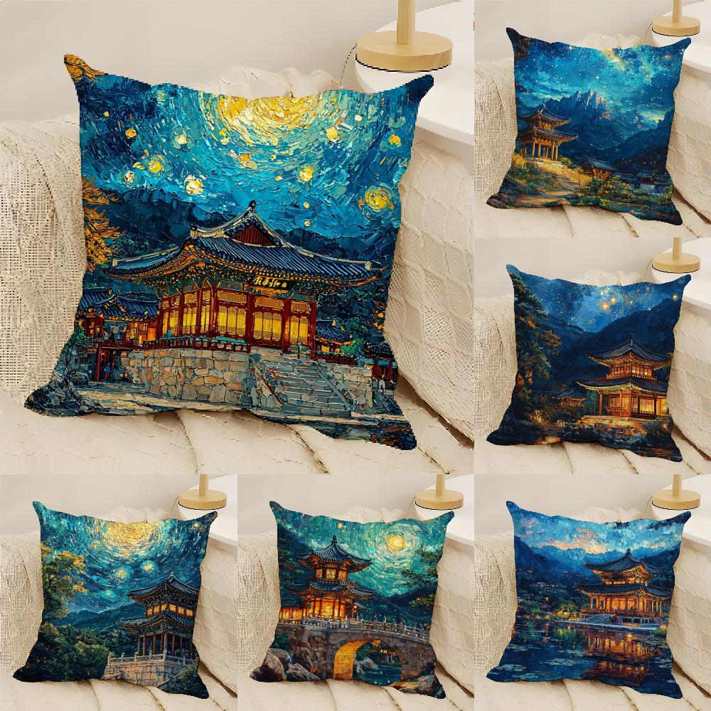 Korea Foguo Temple Pillow Case Linen Cushion Covers For Decorative Sofa Home Pillows Case Car Chair Pillows Cases