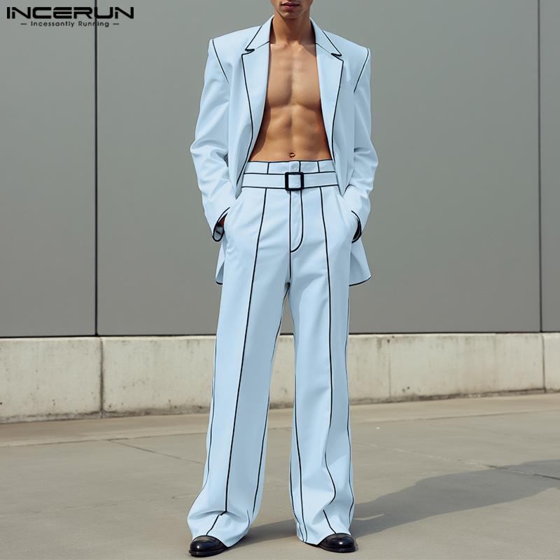 INCERUN Осенние мужские комплекты оверсайз из двух предметов: блейзер с длинным рукавом и строчкой + длинные прямые брюки