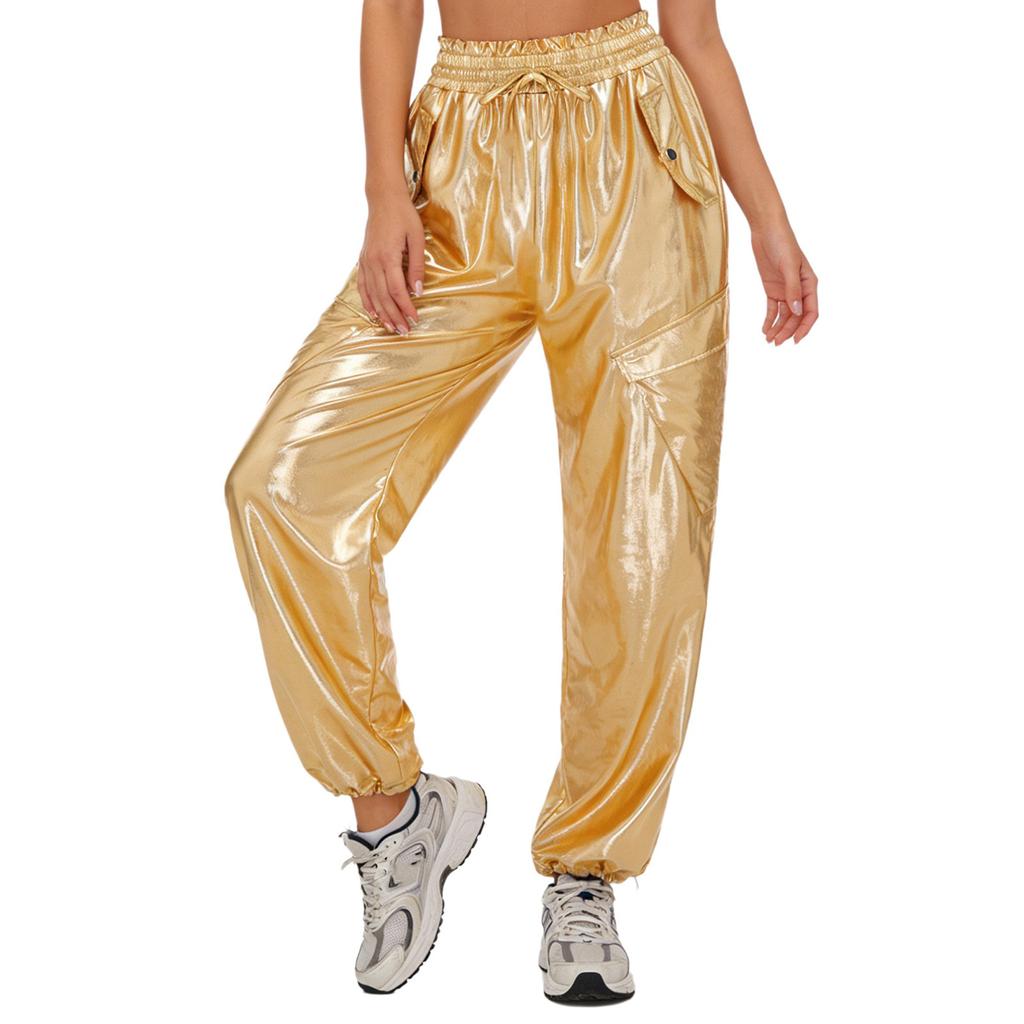Shiny Metallic Cargo Pants for Women Elastic Waistband with Ruffle Trim Multiple Pockets Jogger Style for Hip Hop Music Stage Outfit