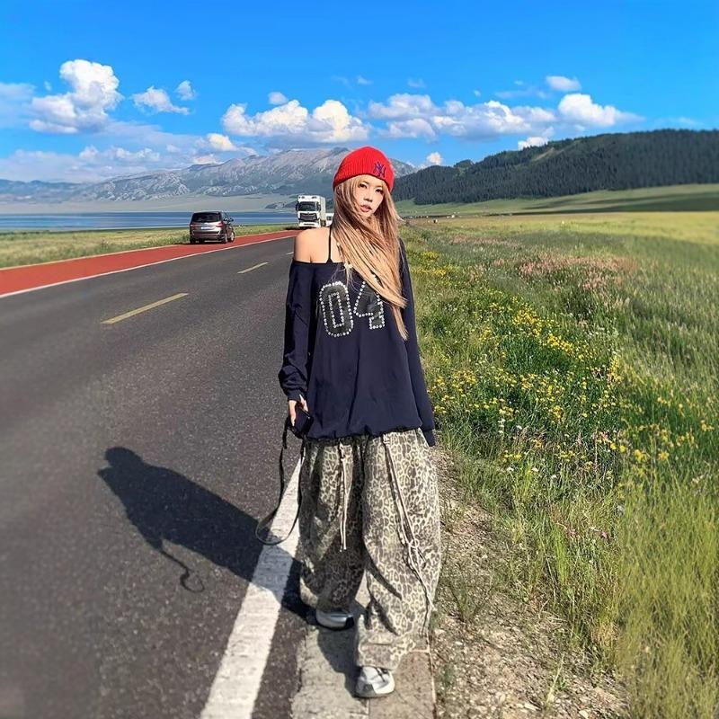 Vintage Loose Bf Lazy Style Leopard Print Jeans Children Spice Girl Design Sense Fashionable and Old Mopping Trousers