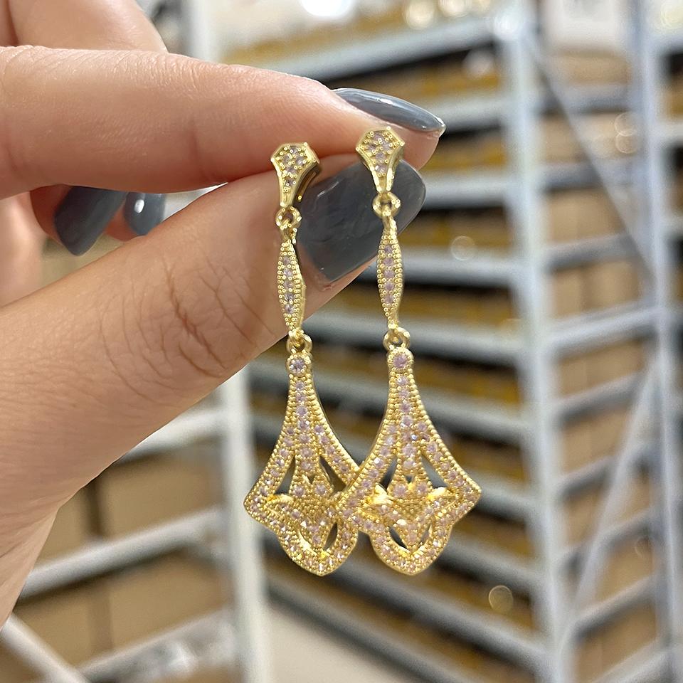 ZAKOL New Gold Color Super Shining Zircon Dangle Earrings for Women Shining CZ Luxury Bridal Wedding Party Zircon