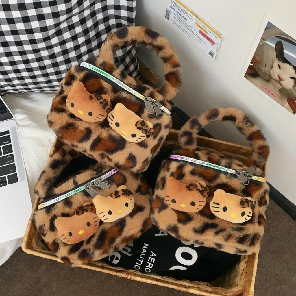 Leopard Print Kitten Plush Makeup Bag - Portable Skincare & Travel Organizer for Women