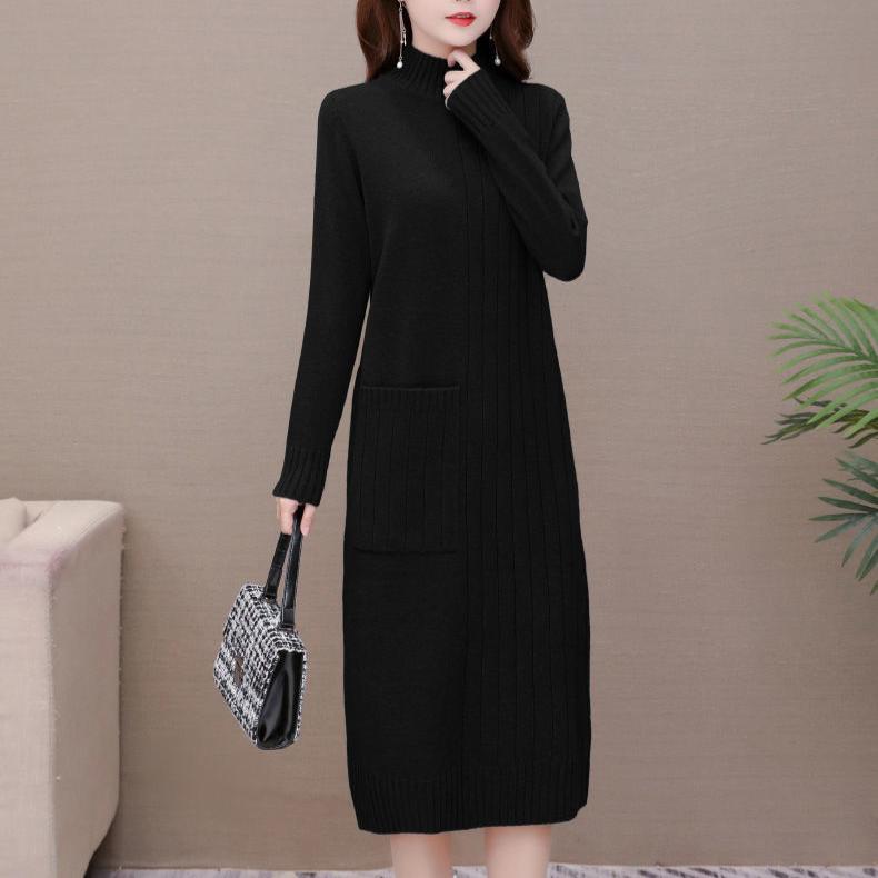 Вязаное платье для женщин на осень и зиму в корейском стиле, свободный пуловер средней длины, однотонное платье-свитер с полувысоким воротником
