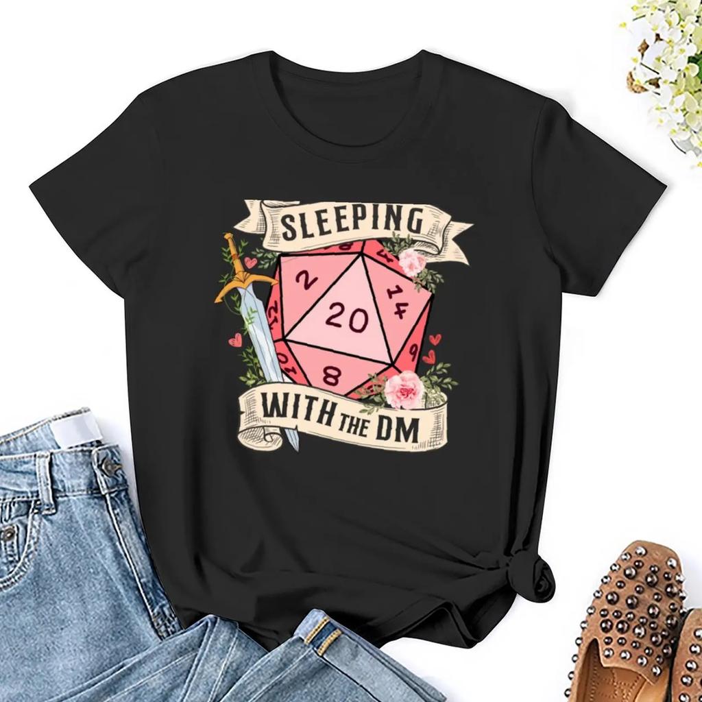 SLEEPING WITH THE DUNGEON MASTER Cute D20 Dnd Dice with Flowers and Sword TShirt Funnys Women Clothes Graphic T Shirts Y2k Top