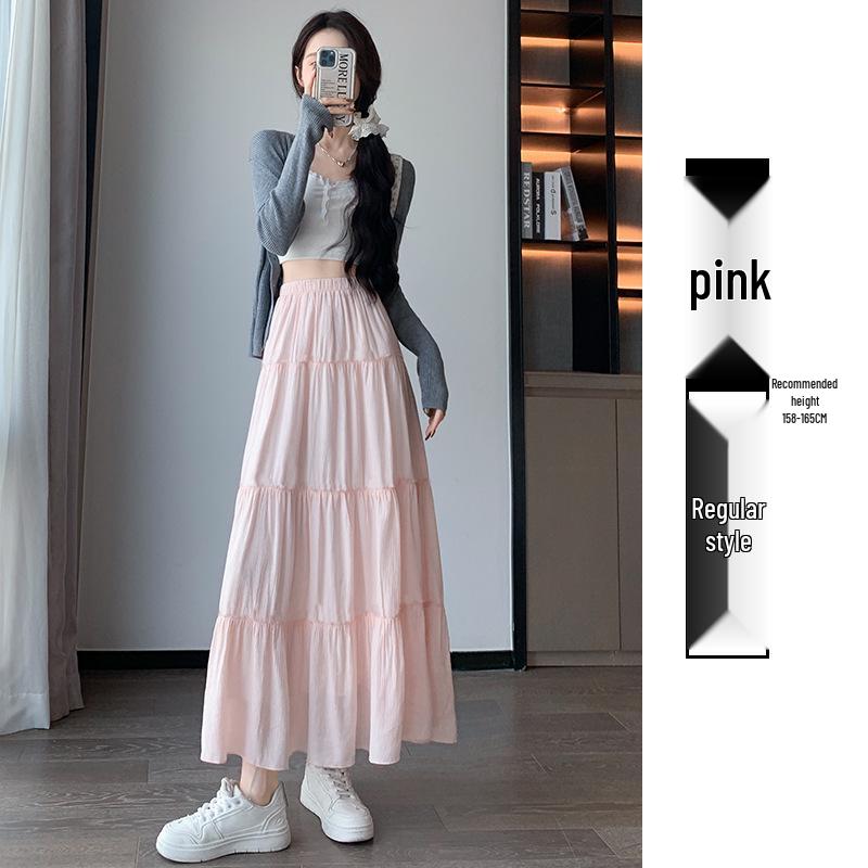 White A-line High Waist Pleated Long Skirt for Women - Spring/Summer 2026 Slimming Petite Layered Umbrella Design