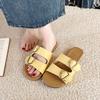 Casual Explosive Double-breasted One-word Slippers Women's 2025 Summer Flat-bottomed Versatile Outer Wear Lazy Boken Cool Slippers