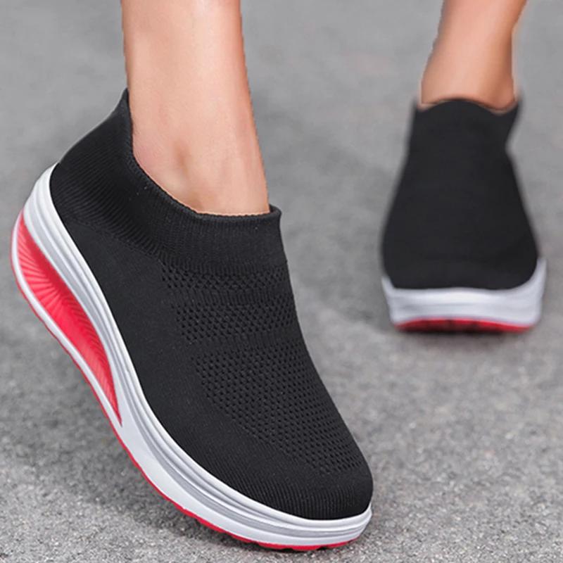 Fashionable Casual Shoes 2024 New Mesh Breathable Versatile Wedge Heel Solid Color Temperament Vulcanized Women's Shoes Sneaker