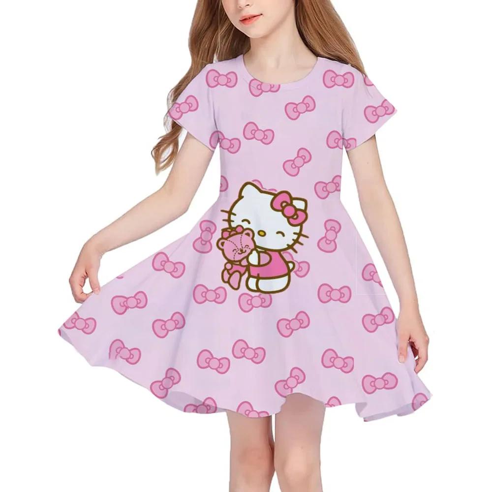 Летняя Новая Детская Одежда Платье Без Рукавов С Принтом Hello Kitty Для Девочек 3-14 Лет Повседневное Дышащее Платье Принцессы 2025