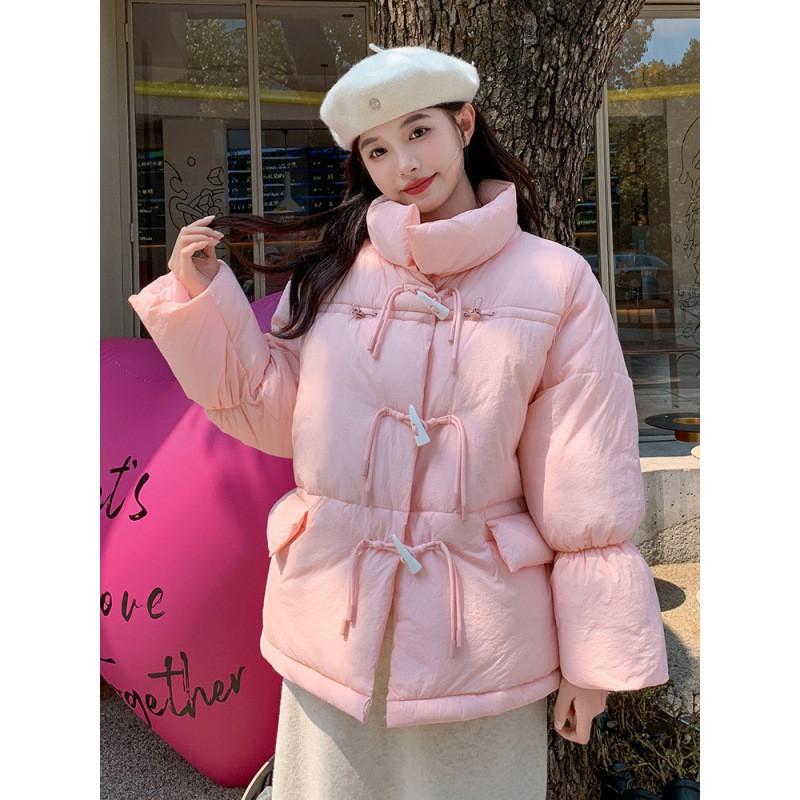 Womens Puffer Cotton Coat Oversized Horn Button Winter Warm Jacket Short Length Stand Collar Solid Color S-XL