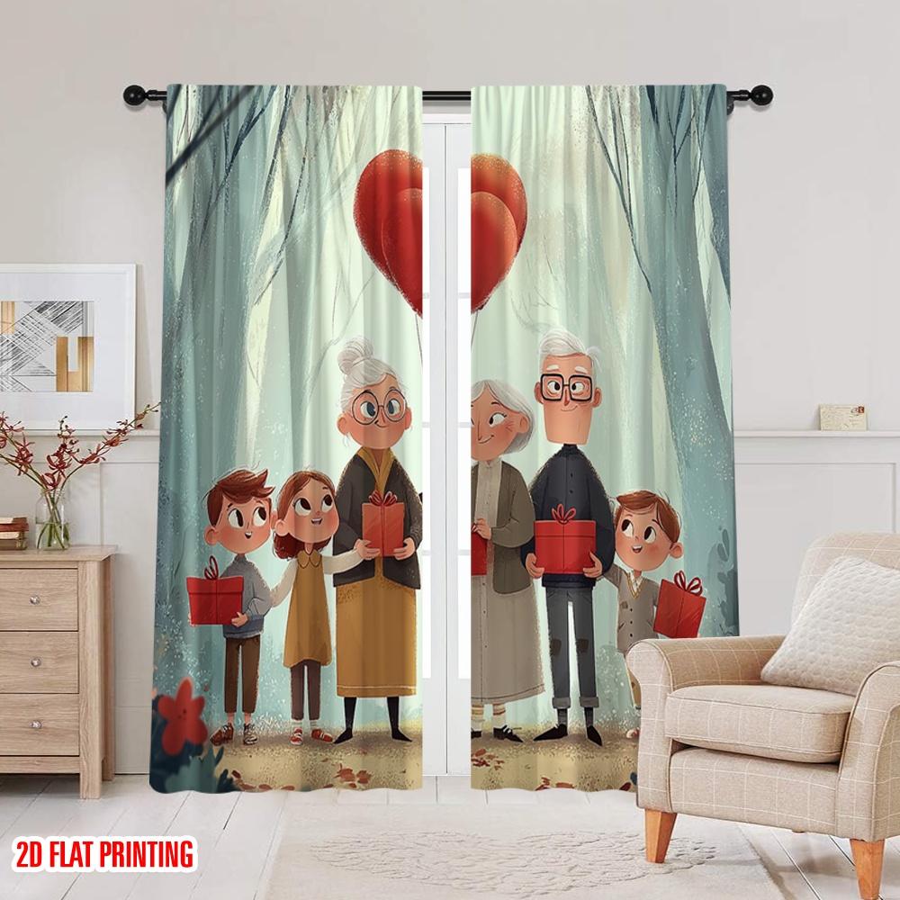 2Pcs,2D Plane Printing Window Curtain Boster Family Love Versatile Fabric (Without Rod) All Seasons Use For Living Room & Office