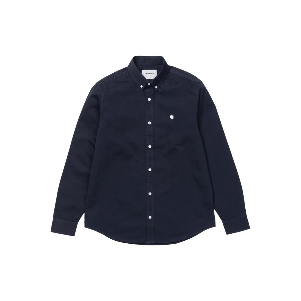 Carhartt WIP Однотонная рубашка с вышивкой логотипа, однобортная, мужская, темно-синяя, I0233390COXX