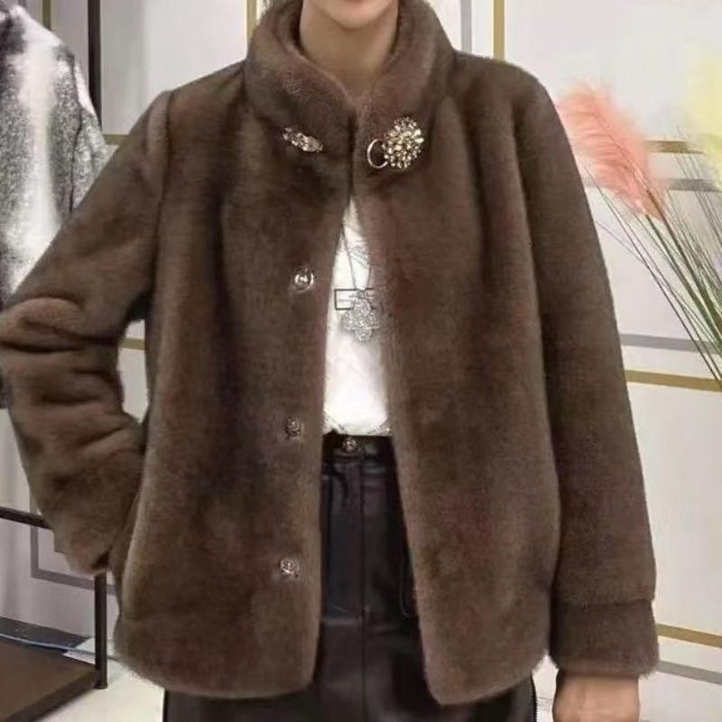 New Mink Fur One Piece Short Stand Neck Fashion Versatile Casual Slim Large Size Faux Fur Coat Autumn Winter Feminine Style
