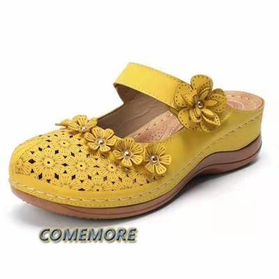 Женские сандалии, летняя женская обувь ручной работы, кожаные сандалии из искусственной кожи с цветочным принтом, женские туфли на плоской подошве в стиле ретро, женские тапочки с мягкой подошвой