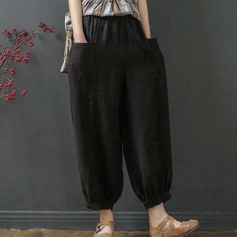 Women's Summer 100% Cotton Linen Lantern Pants - Casual, Loose, Nine-Point, Tie-Cuff Harem Style