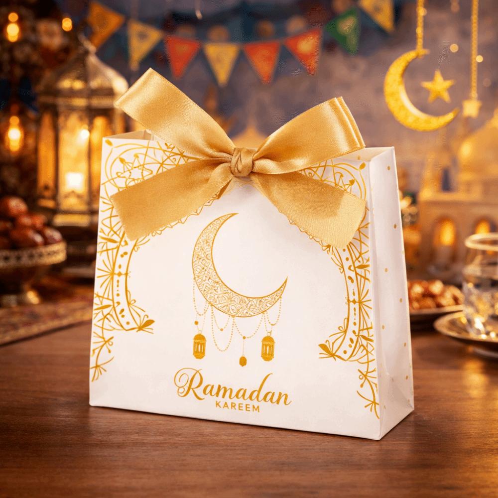 10Pcs Multicolor Eid and Ramadan Gift Boxes Star/Moon Portable Eid Gift Box Satin Ribbon Bow DIY Ramadan Gift Box