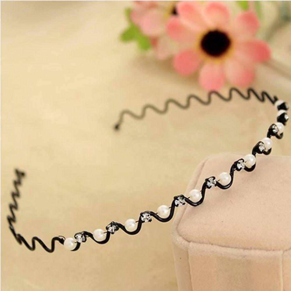 Rhinestone Wedding Jewelry for Women Headwear Black Silver Metal Pearl Crystal Wave Hairband