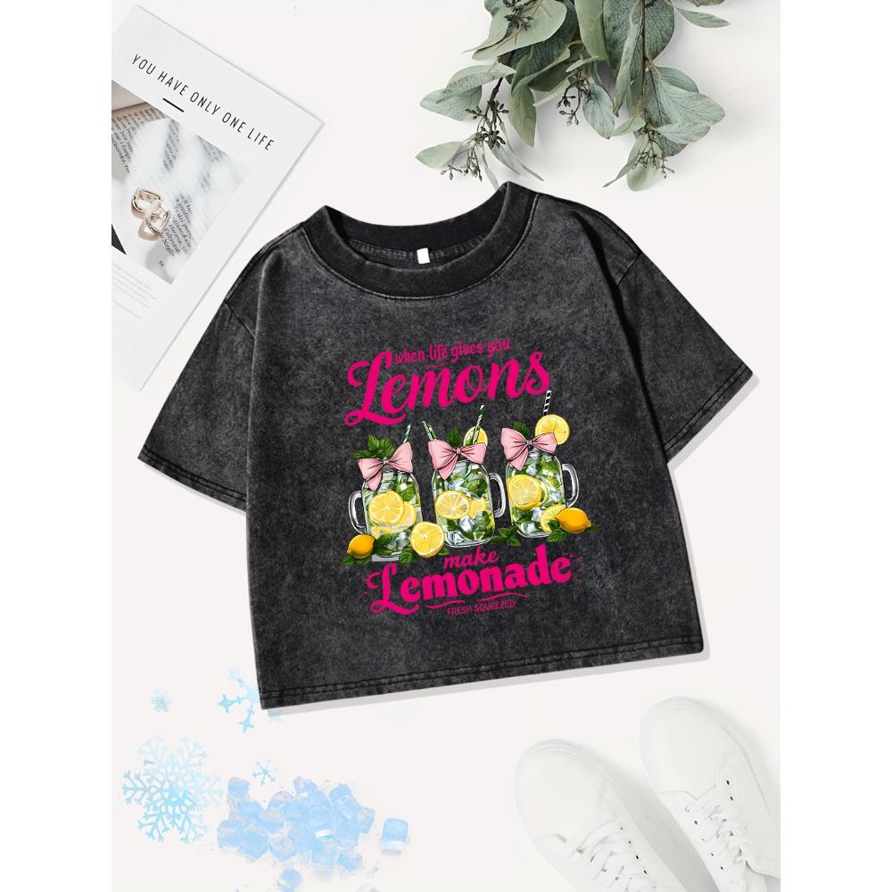 Summer Cotton Crop Tops Women When Life Gives You Lemons Makeprinted Washed T-Shirts Fit O-Neck Tees Clothes