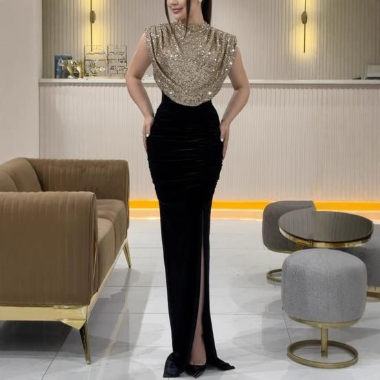 Женское блестящее платье с круглым вырезом, без рукавов, с высокой талией, длинное платье с пайетками, вечернее платье