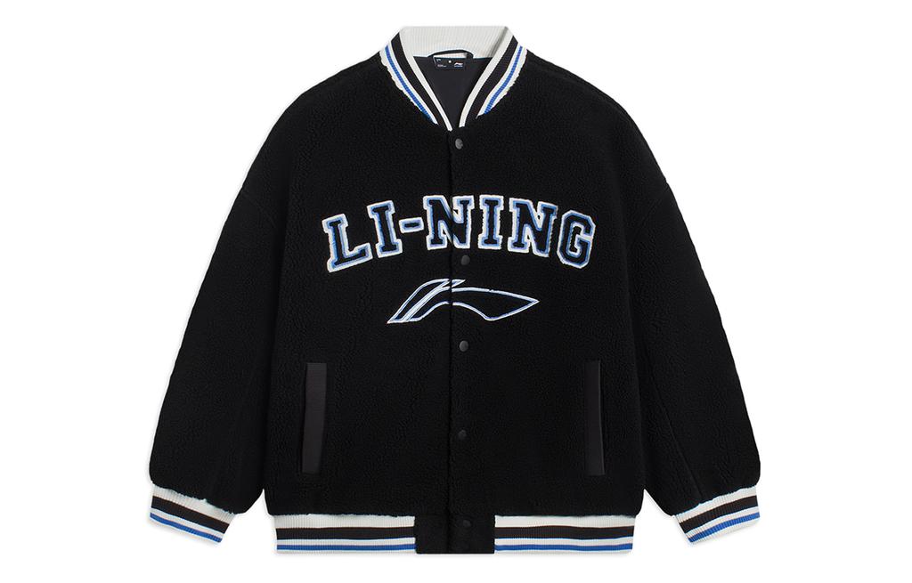 Li Ning Sports Life Collection Color Block Trim Stripes Letter Logo Sherpa Fleece Lined Jacket Unisex Black AFDSD31-3