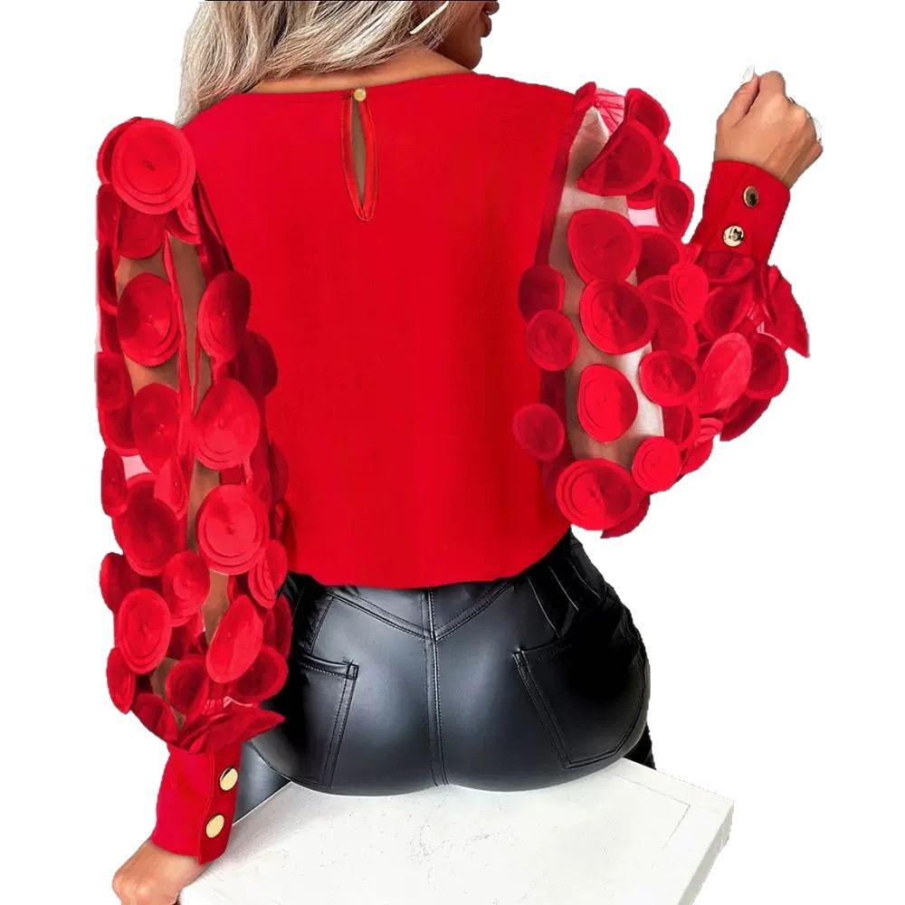 Осенняя блузка с круглым вырезом и рукавами-лепестками - Женский модный топ с длинным рукавом