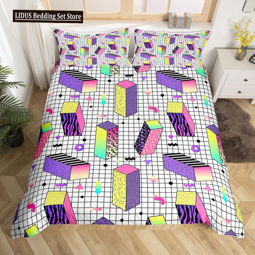 Retro Memphis Style Duvet Cover Set Galaxy Fashion Style Geometric Shapes Bedding Set Full,Hipster Old Fashioned Comforter Cover