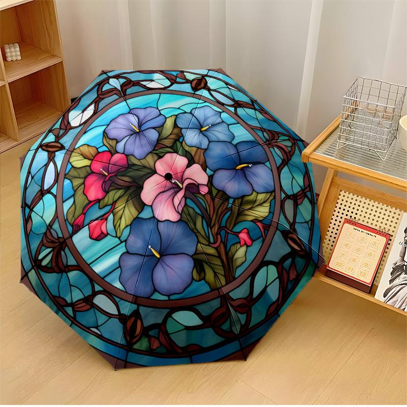 flower art Theme Automatic Umbrella Compact 8-Rib Design Sturdy Construction Durable Umbrella Stylish Accessory
