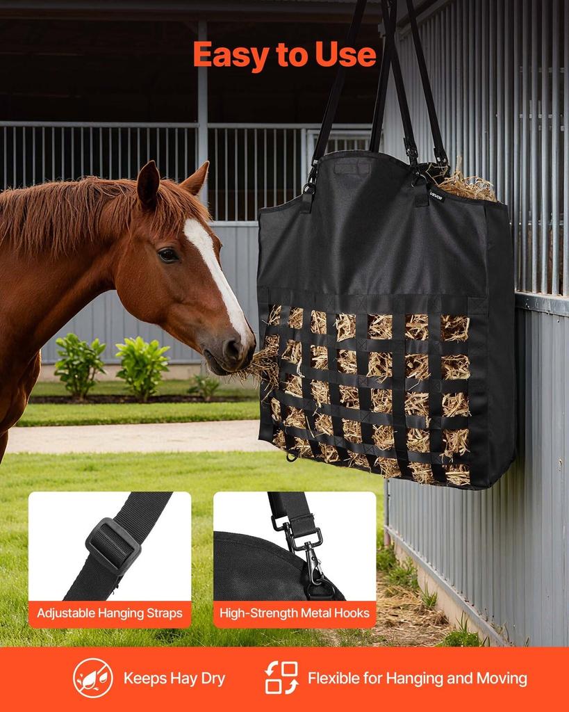 Hay Bag for Horses, 55 x 18.5 x 64 cm, 46 x 46 mm Holes, Premium Nylon Construction with PVC Waterproof Coating, Adjustable Hanging Straps and Metal