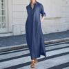 Women's Denim Maxi Dress Casual Roll-up Sleeve Split Dress with Pockets Plus Size Button Up Lapel V Neck Long Dress