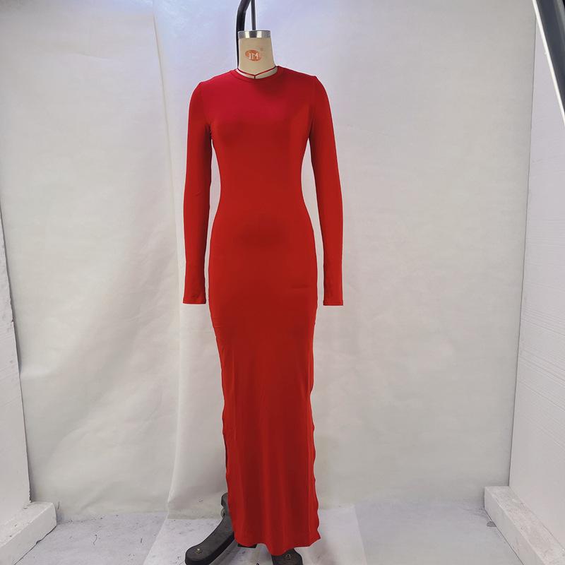 Женские однотонные платья с длинным рукавом и разрезом на бедрах