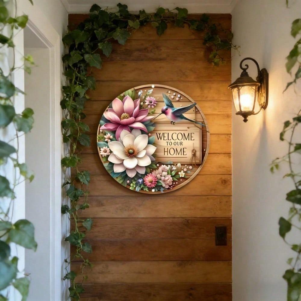 Добро пожаловать Домой Металлический Садовый Знак 2D Круглый Железная Птица Цветок Садовый Декор Уличный Патио Веранда Настенное Искусство 8x8 Дюймов