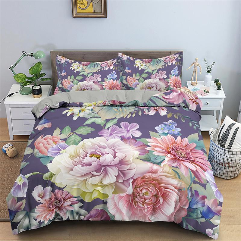 3D Design Flower Duvet Cover Sets Queen Size Floral Print Set Sleeping Decor Black Quilt/Comfort Cover With Pillows