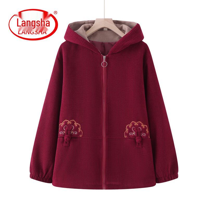 Langsha Women's Embroidered Corduroy Hooded Jacket for Seniors