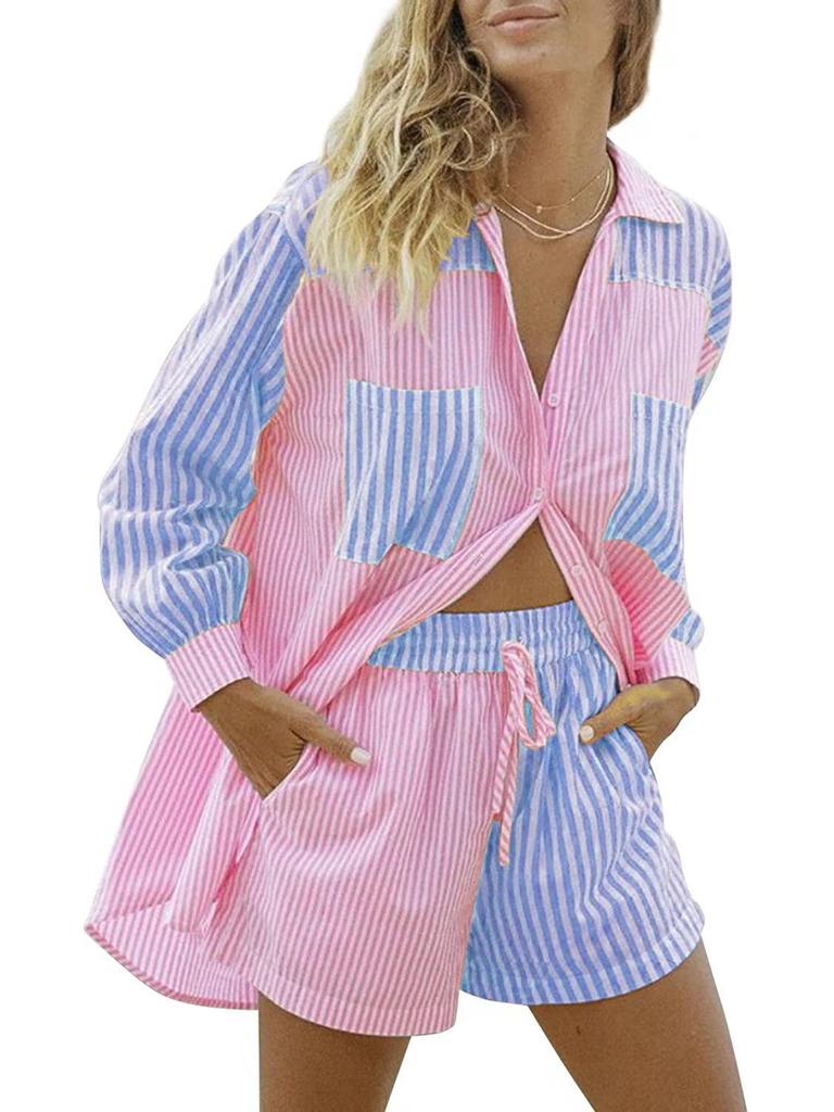 European-American Striped Lapel Shirt Suit with Shorts: Women's Casual Loose-Fit, Single-Breasted, Pocket Design