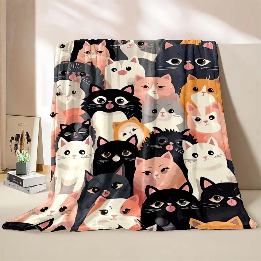 Cute cat print blanket home travel camping blanket single layer flannel shawl blanket soft cartoon fleece blanket
