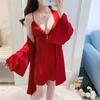 Sexy See-through Lace Nightgown Suspender Nightgown Two-piece Set Women's Thin Satin Bathrobe Pajamas Summer Home Wear