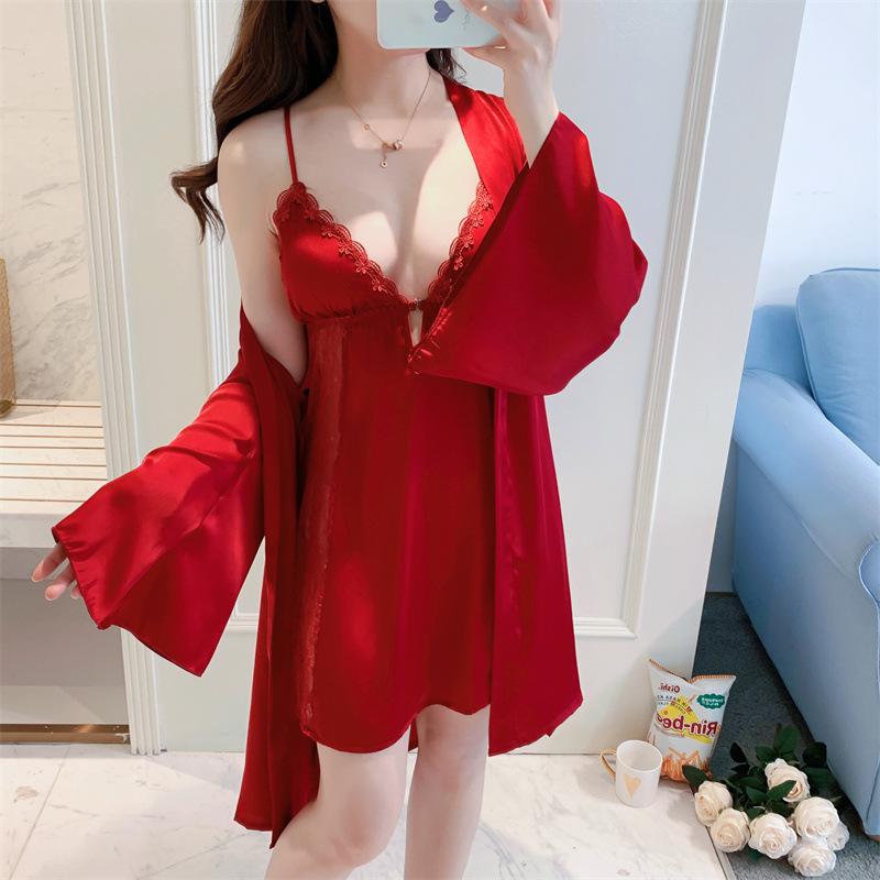 Sexy See-through Lace Nightgown Suspender Nightgown Two-piece Set Women's Thin Satin Bathrobe Pajamas Summer Home Wear