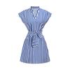 QICED Spring Summer Stripe Print Women's Sleeveless V-neck Slim Striped Lace-up Dress