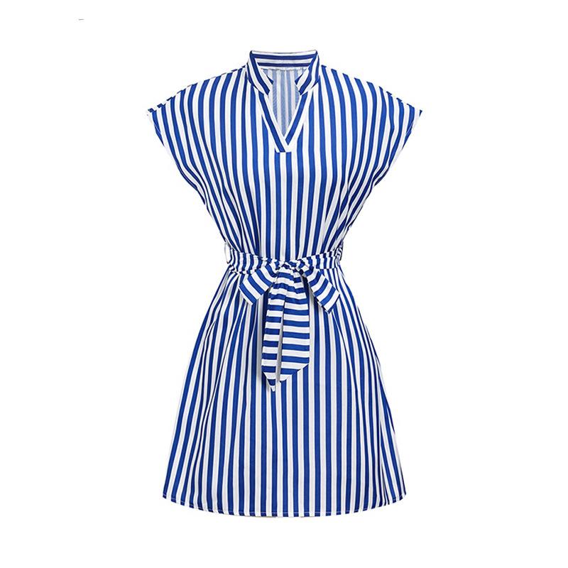 QICED Spring Summer Stripe Print Women's Sleeveless V-neck Slim Striped Lace-up Dress