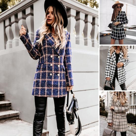 Зимнее осеннее женское пальто с отложным воротником, клетчатый принт, двубортное, с длинными рукавами, плотная куртка средней длины для свиданий, поездок на работу, офиса
